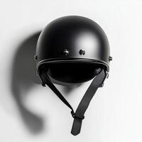 striking roller derby helmet features a matte finish and soft interior padding displayed against a clean white backdrop. The chin strap hangs down enhancing its minimalist appeal. photo