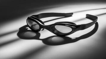 pair of swim goggles is displayed with a focus on the lens and strap details. Soft shadows enhance the minimalist aesthetic created by bright studio lighting. photo