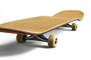 artwork features a side view of a skateboard deck with a minimalist design emphasizing its graphics wheel mounts and soft shadows beneath it. photo