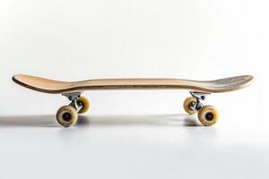 skateboard deck rests on a white surface emphasizing its unique graphic design and wheel mount details illuminated by bright studio lighting. Shadows fall softly beneath. photo