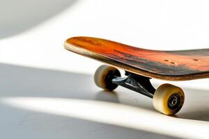 close up view highlights the skateboard decks graphic design and wheel mounts beautifully illuminated by studio lighting enhancing its minimalist style. photo
