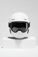 ski helmet accompanied by goggles is presented in a bright studio setting on a minimalist white pedestal. The details of the visor and straps are highlighted by soft shadows. photo