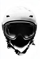 ski helmet features attached goggles perfectly positioned on a white background. The focus highlights the visor strap details and soft shadows below showcasing winter sports gear. photo
