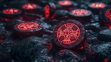 arrangement of protective rune chips illuminated with a red glow rests on a dark stone surface evoking an ancient mystical atmosphere during a ritual. photo