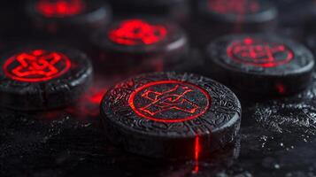 Intricately carved protective runes emitting a vibrant red glow create a striking visual contrast against a dark surface highlighting ancient symbols and craftsmanship. photo
