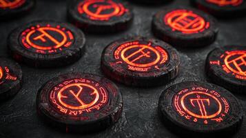 collection of protective rune chips illuminated by a vibrant red light against a dark backdrop highlighting their intricate designs and mystical allure. photo