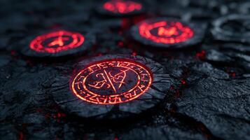 Stylized protective runes cast in black with vibrant red light create a striking display on a dark surface emphasizing their detailed craftsmanship and mystique. photo