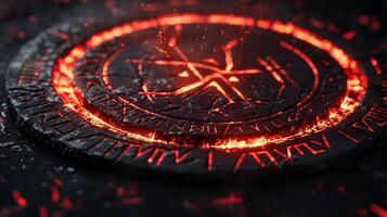 composition features black protective runes glowing in red accentuating their detailed carvings. Rune chips surround the central design enhancing the mystical ambiance. photo