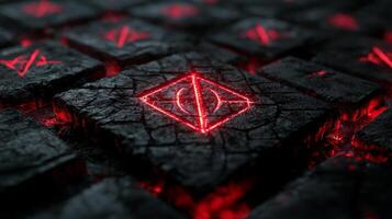 scene showcases black rune chips featuring intricate protective runes glowing in vibrant red light creating an enchanting atmosphere. photo