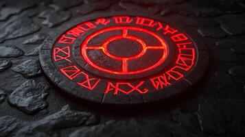 set of protective runes crafted from black material glows with red light. The rune chips display intricate designs evoking a sense of magic and mystique. photo