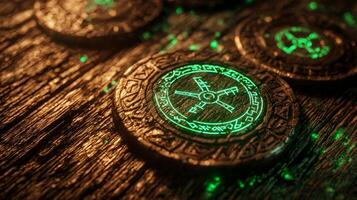 Detailed runes carved from brown wood are softly illuminated by a green light. Each rune displays unique symbols reflecting traditional craftsmanship and mystical significance. photo