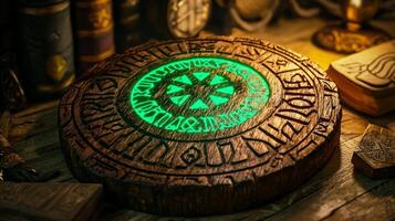 collection of protective runes crafted from brown wood emits a mystical green light surrounded by rune chips on a rustic wooden table exuding ancient charm. photo