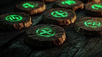 protective runes made from dark brown wood glow softly with a vibrant green light. Each rune showcases intricate designs adding to their mystical allure. photo