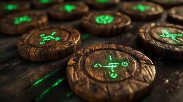 Brown wooden rune chips emit a striking green light showcasing intricate designs. These protective runes are artistically arranged emphasizing their mystical qualities. photo