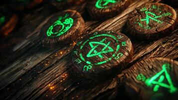 Brown wooden rune chips feature glowing green protective symbols creating a mystical atmosphere with intricate designs and detailing. photo