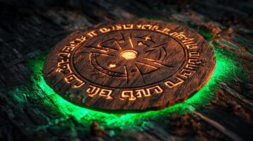artwork features protective runes crafted from brown wood surrounded by a soft green glow. The detailed engravings suggest a blend of art and spirituality perfect for various magical uses. photo