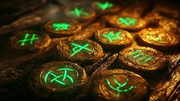 collection of protective runes crafted from brown wood glowing with green light arranged thoughtfully on a textured wooden surface highlighting their intricacy and detail. photo