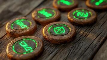 Brown wooden protective runes glow with a vibrant green light beautifully arranged on a rustic wooden background showcasing intricate designs and craftsmanship. photo