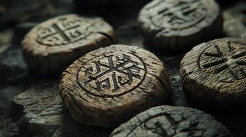 arrangement of uniquely carved protective runes sits upon a textured stone surface highlighting the intricate details of ancient symbols in soft natural light. photo