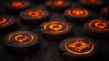 Detailed protective runes are carved into brown wooden chips illuminated by a warm orange glow creating a mystical and enchanting atmosphere. photo