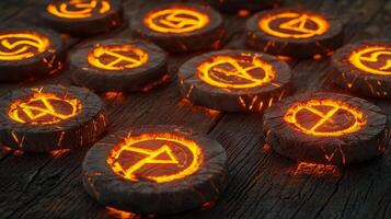 collection of protective runes made from brown wood glows with an enchanting orange light. photo