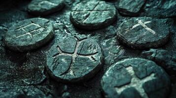 collection of protective rune chips lies among dark textured stones highlighting their detailed carvings that reflect ancient beliefs and practices of protection. photo