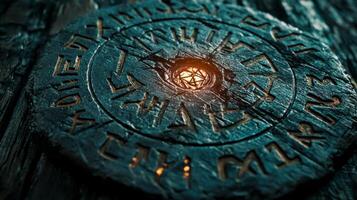 stone tablet features detailed engravings of protective runes with a central glowing element casting light on the ancient symbols. The atmosphere is mystical and enchanting. photo