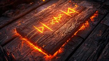 set of protective runes carved into brown wood emanates a vibrant orange light highlighting their intricate designs. These symbolic markings are believed to offer spiritual guidance and protection. photo
