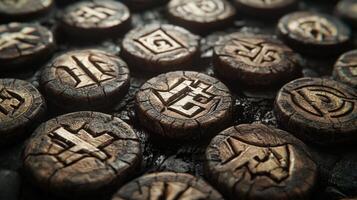 artwork features carefully crafted protective runes on circular rune chips each showcasing unique engravings. The arrangement highlights their cultural significance and artistry. photo