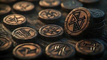 composition features a variety of handcrafted protective rune chips made from wood each displaying unique symbols in rich detail arranged on a textured surface. photo