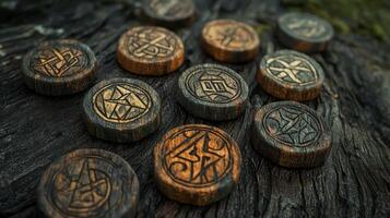 collection of beautifully carved protective runes is arranged on a textured wooden surface. The runes exhibit unique designs and varied finishes enhancing their mystical appeal. photo