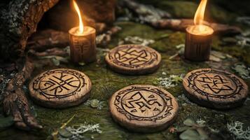 In a serene forest clearing at dusk several rune chips featuring intricate protective symbols are arranged around flickering candles creating a mystical atmosphere. photo