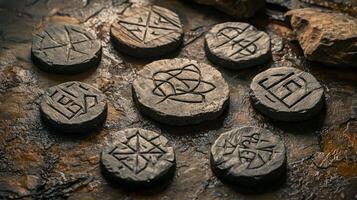 Carved stones showcase various protective runes arranged on a rugged surface highlighting intricate details and ancient symbols that suggest mystical significance. photo