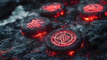 Glowing protective runes are intricately carved into dark rune chips emanating a captivating light against a rocky backdrop creating an enchanting atmosphere. photo