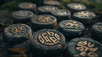 rune chips display beautifully carved protective symbols nestled on a bed of earth reflecting ancient traditions and craftsmanship surrounded by nature. photo