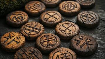 Intricately carved wooden rune chips representing protective symbols are arranged on a dark textured surface illuminated by natural light creating a mystical ambiance. photo