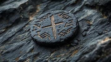 intricately carved protective rune rests on a rugged stone surface capturing the essence of ancient artistry and the cultural importance of runes in historical practices. photo