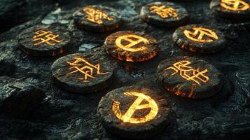 Glowing protective runes are displayed on rune chips each symbol radiating light against a dark textured background emphasizing their mystical design and significance. photo