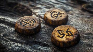 Three intricately carved rune chips featuring protective symbols rest upon a textured stone surface showcasing detailed craftsmanship and natural elements. photo