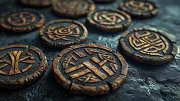 collection of intricately designed protective runes is displayed on carved wooden chips highlighting their ancient craftsmanship against a dark backdrop. photo