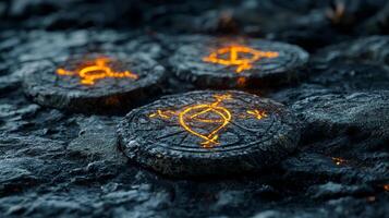 Three intricately designed rune chips light up with a golden glow resting on a textured dark surface capturing an ancient magical essence of protection and mystery. photo