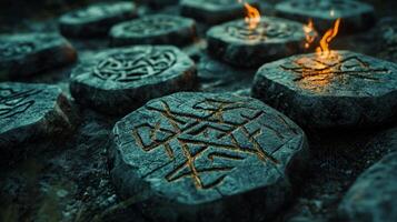 Hoary rocks adorned with intricate protective runes cast an enchanting glow as flames flicker around them during the twilight hour creating a mystical atmosphere. photo