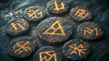 collection of rune chips featuring detailed designs is displayed on a weathered surface highlighting their protective properties and artistic workmanship. photo