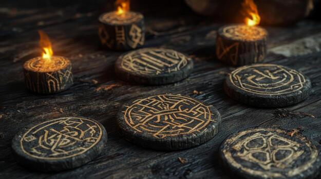 collection of protective rune chips is arranged on a dark wooden surface each intricately carved and illuminated by small flames evoking a mystical atmosphere. photo
