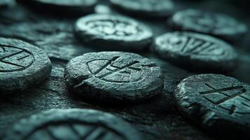 arrangement of protective runes exhibits intricate carvings on a textured surface bathed in soft light highlighting their spiritual significance and craftsmanship. photo