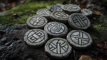 collection of intricate rune chips arranged on a bed of vibrant moss showcasing detailed engravings under soft dappled light from above evoking a mystical atmosphere. photo