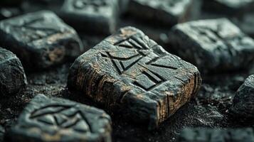 Intricately carved protective runes made of stone are displayed showcasing their unique designs useful for rituals and spiritual protection in mystical practices. photo