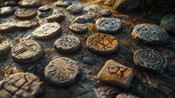 Intricately carved protective runes lie scattered on a rugged rocky surface bathed in natural light highlighting their textures and symbols against the earthy backdrop. photo