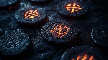 scene showcases protective runes etched on rune chips emanating a warm glow from within. These intricate symbols rest on a dark textured backdrop enhancing their mystical aura. photo