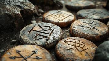 wooden rune chips display intricate carvings of protective symbols nestled among natural stones and earthy textures evoking ancient traditions and mysticism. photo